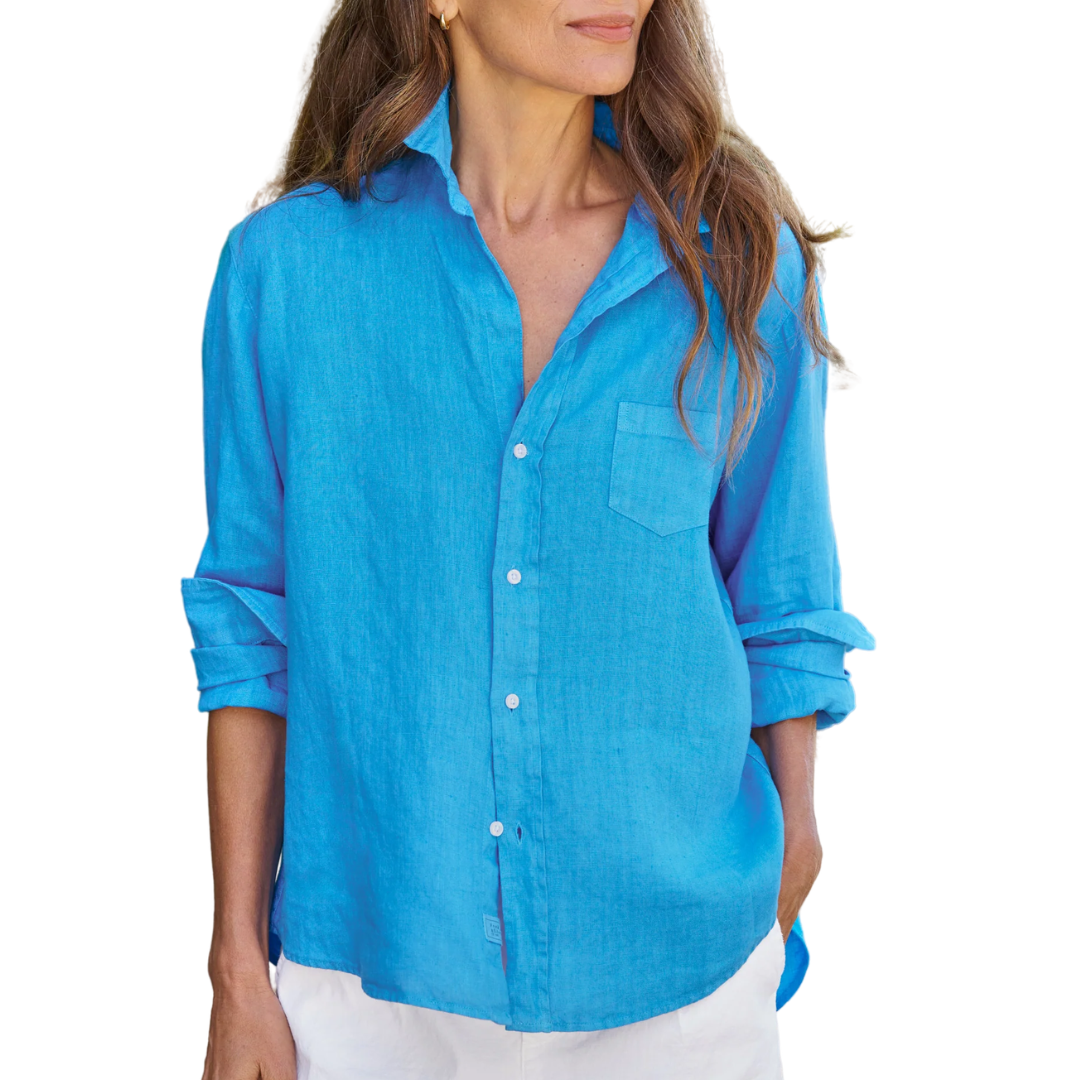Eileen Relaxed Button-Up Shirt in Turquoise Linen