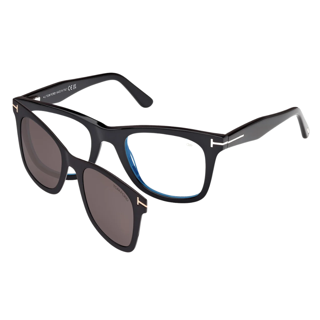Blue Block Square Opticals With Clip On Sunglasses in Shiny Black