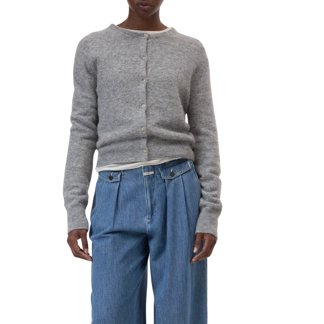 Crew Neck Cardigan in Light Grey Melange