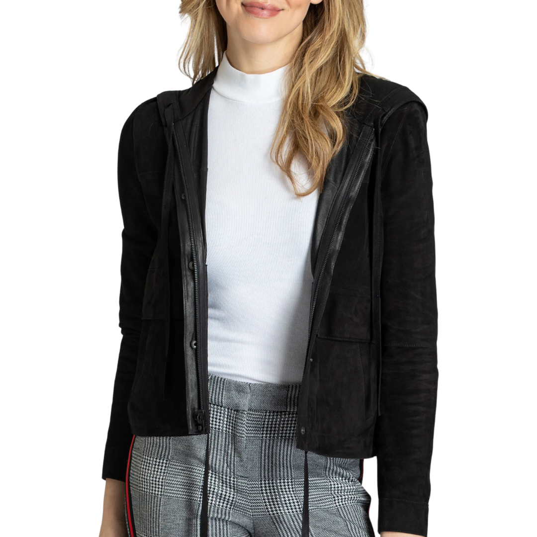 Double Faced Snap Front Hooded Jacket in Black