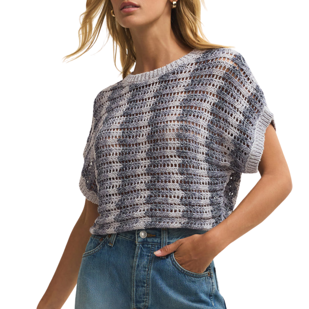 Ballast Crochet Stripe Sweater Top in Calypso Blue Indigo