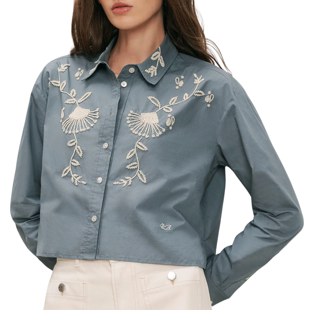 Aderes Beaded Button-Down Shirt in Blue Steel