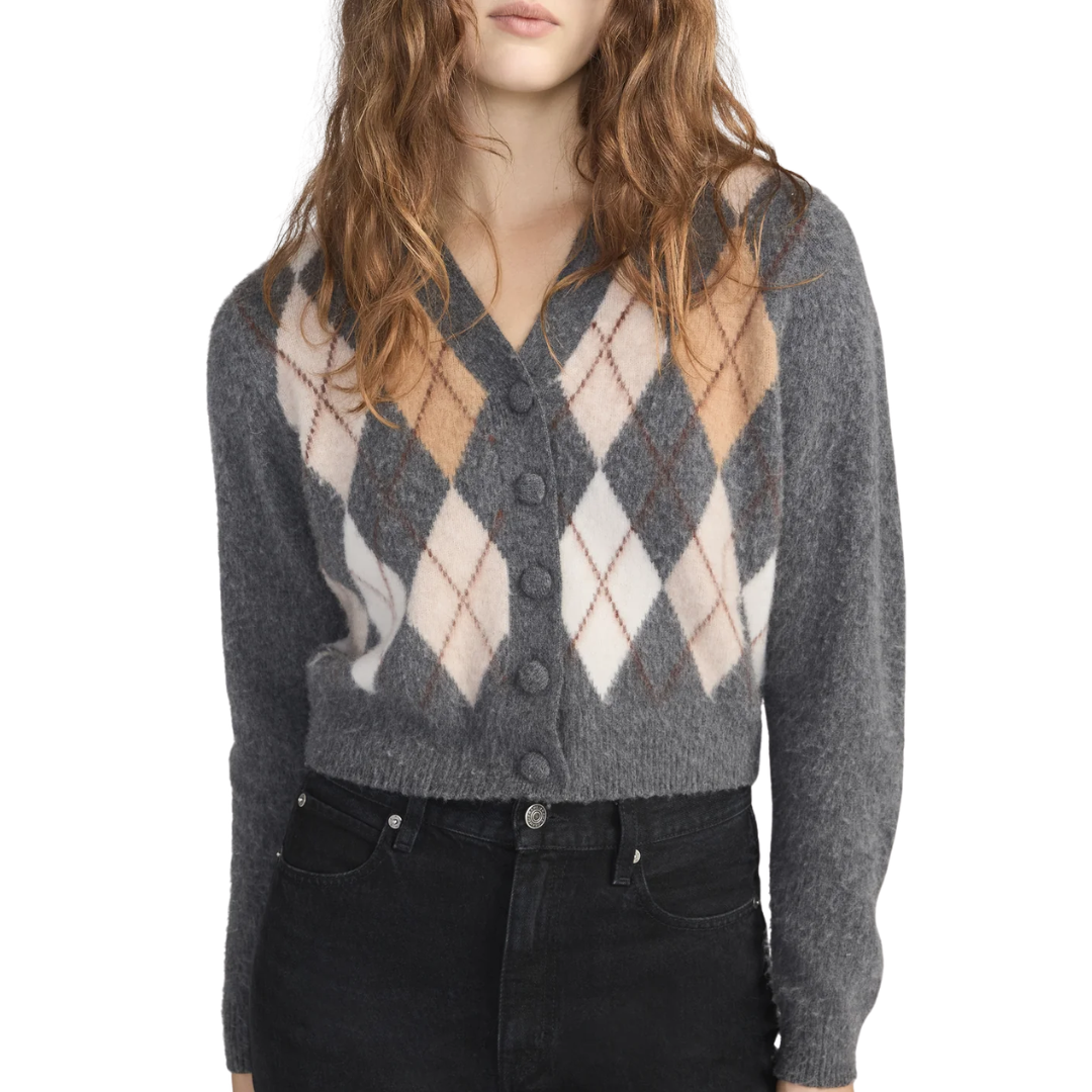 The Brushed Argyle Cardi in Grey Multi