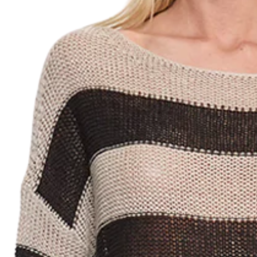 Stripe Linen Open Knit Bateau Sweater in Oatmeal/Black