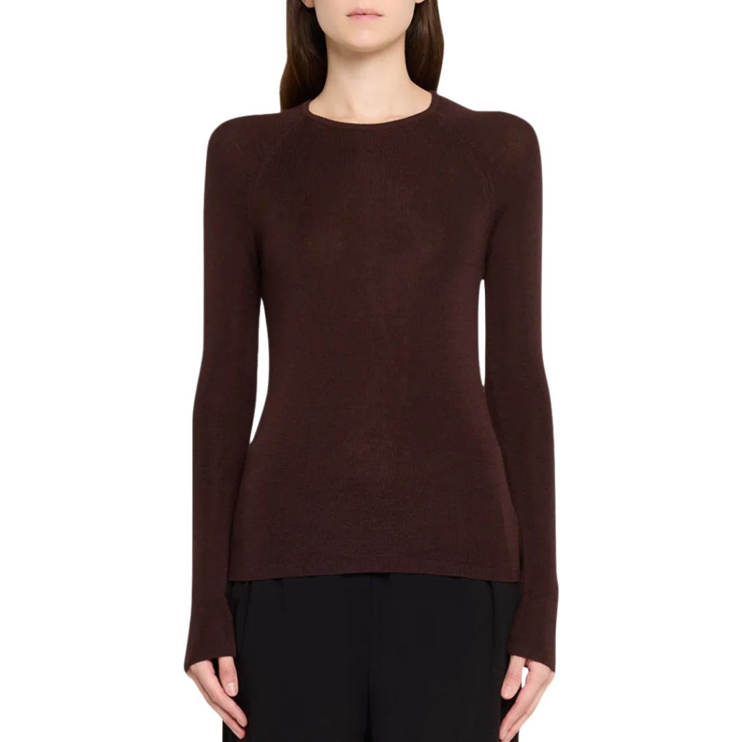 Merino Silk Micro Rib Crewneck in Chocolate
