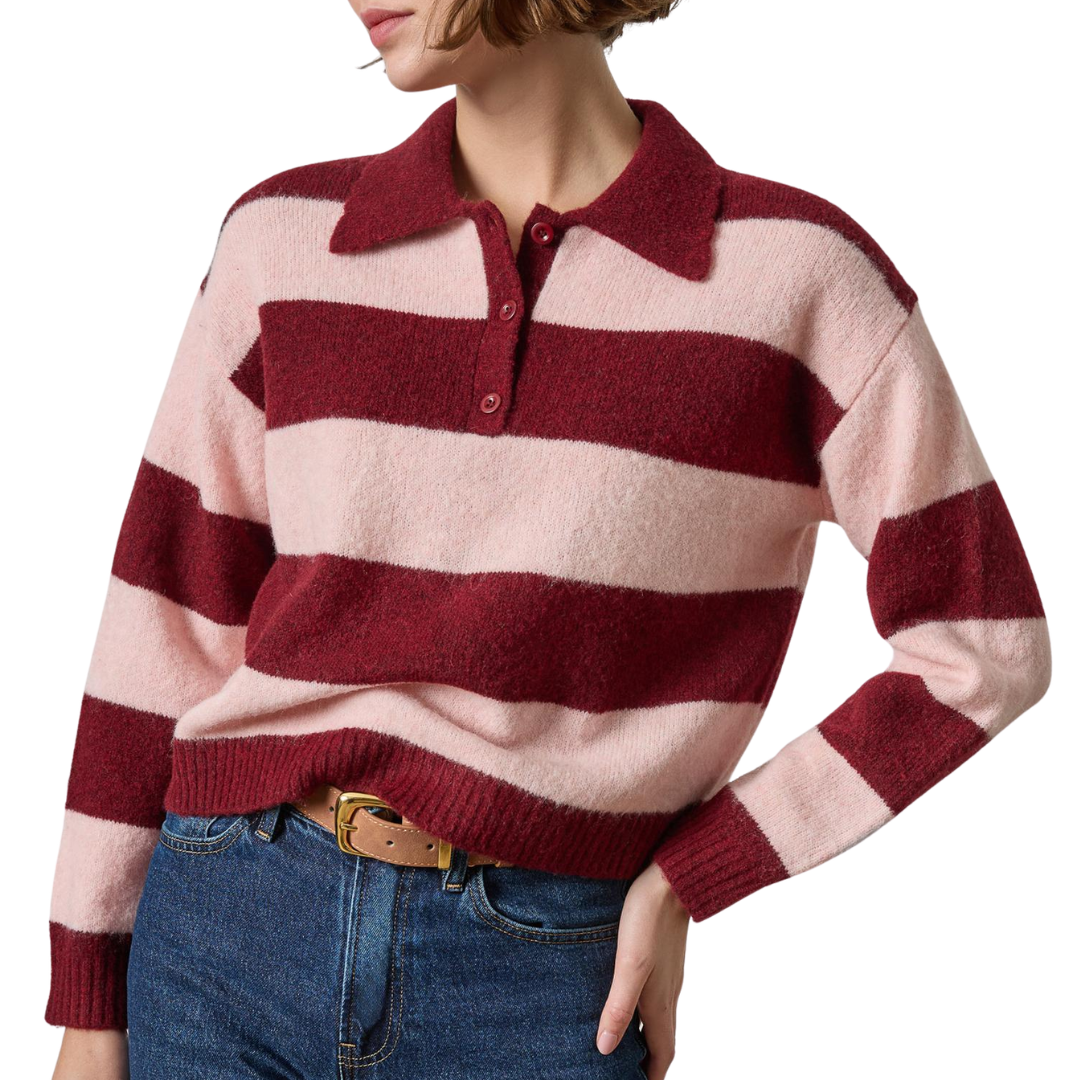 Striped Polo Sweater in Port Stripe