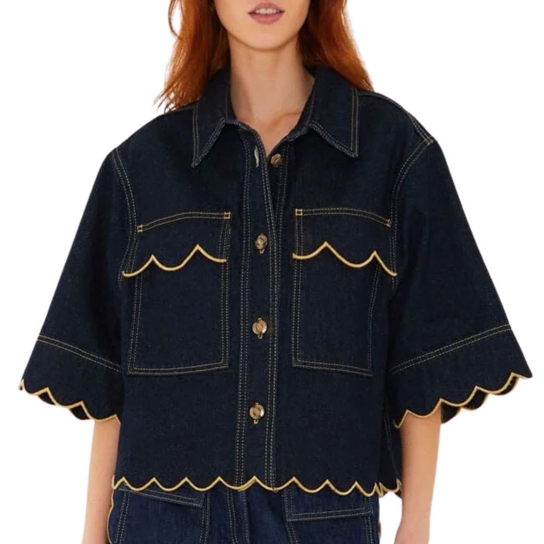 Wavy Hem Short Sleeve Shirt in Dark Denim