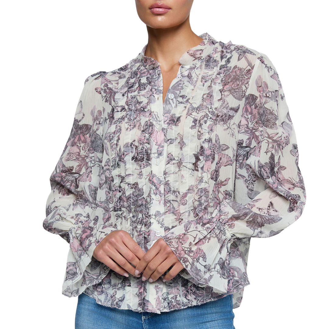 Eunice Blouse in Vintage White Watercolor Butterfly
