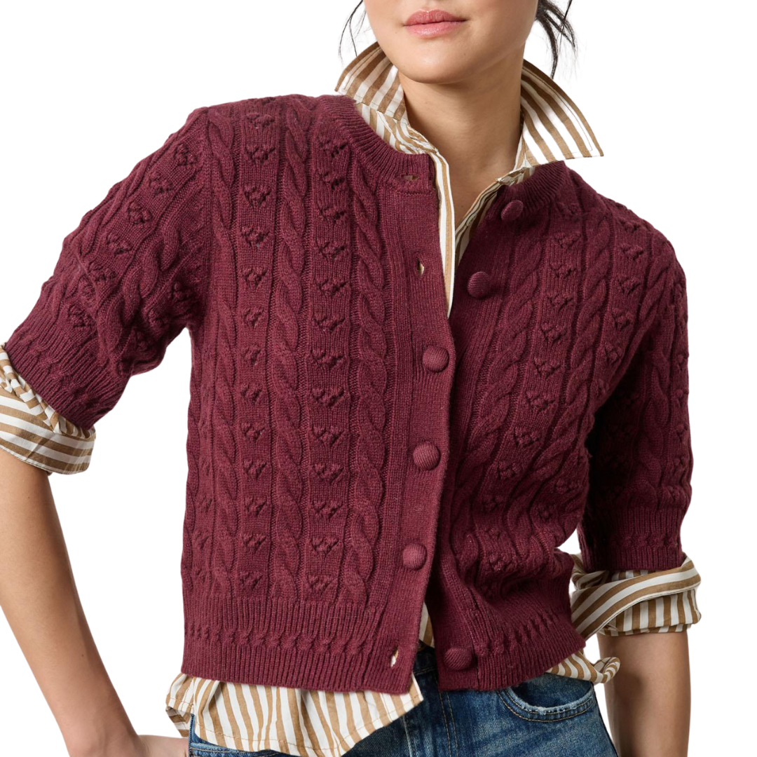 Short Sleeve Cardigan Sweater in Plum