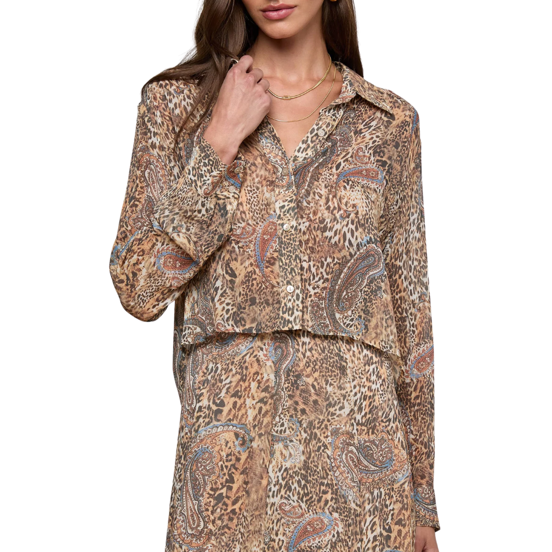 Cosette Button-Down Shirt in Brown/Blue Valencia Leopard