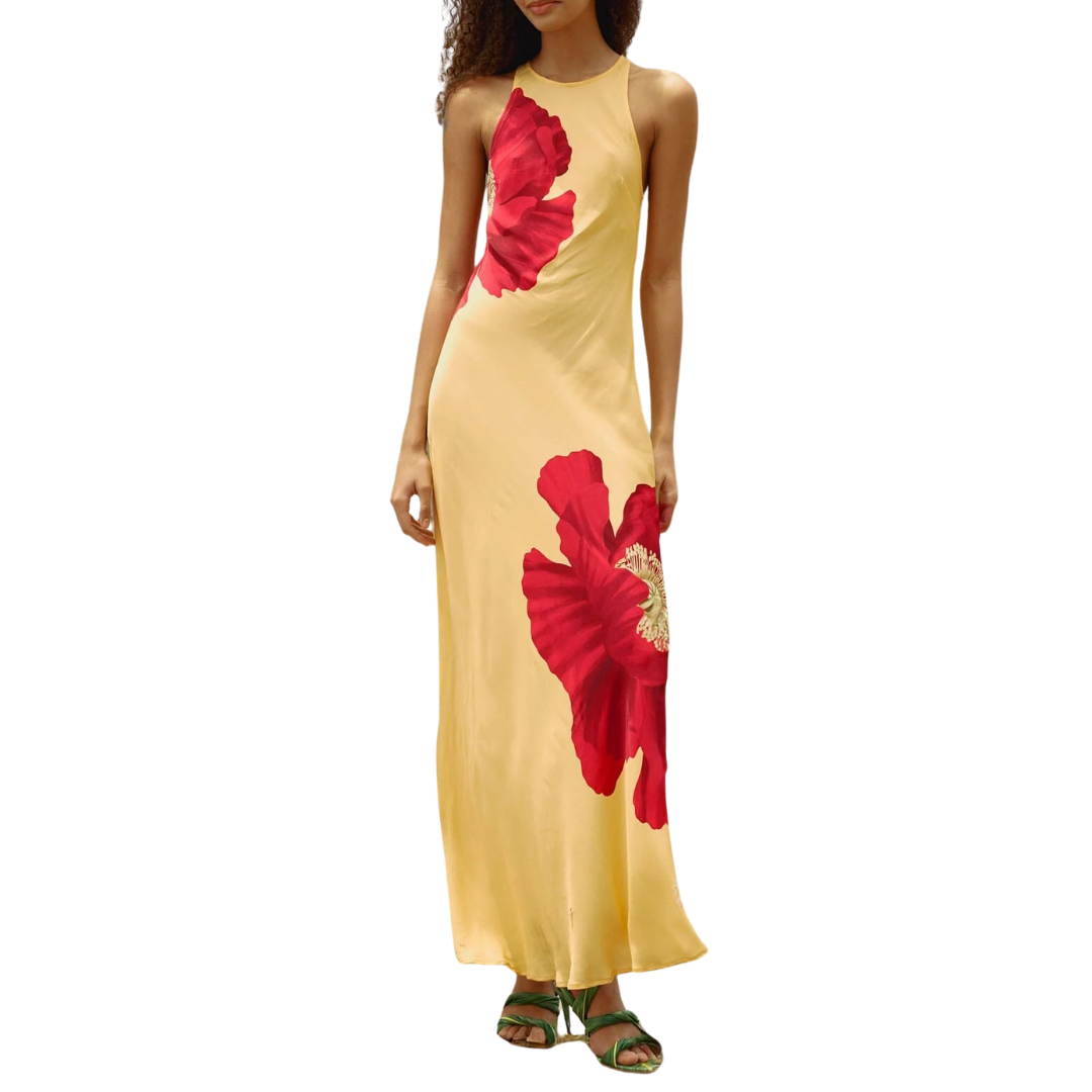 Sleeveless Maxi Dress in Light Yellow Poppy Flowers