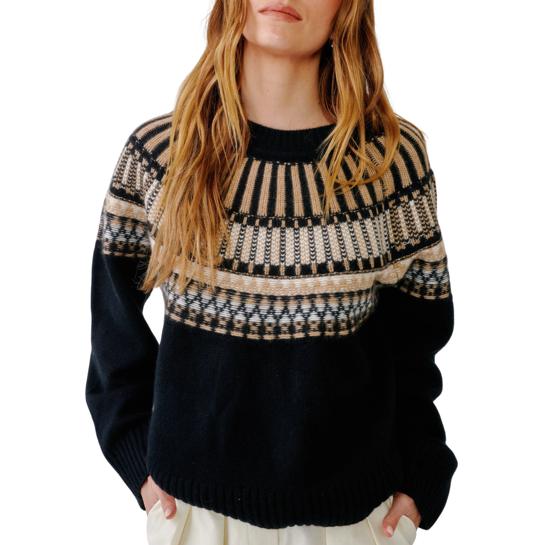 Finley Slouchy Fairisle Crewneck in Black Fairisle