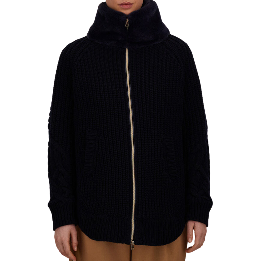 Wool Jacket with Raised Texture and Beaver-Effect Fur Feel in Navy Blue