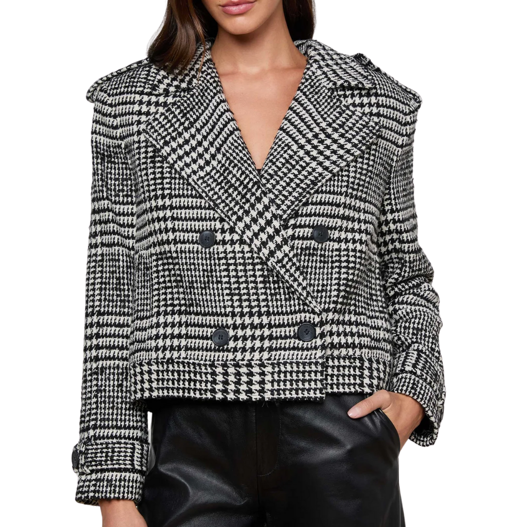 Xoey Cropped Trench Coat in Black/Ivory Glen Plaid