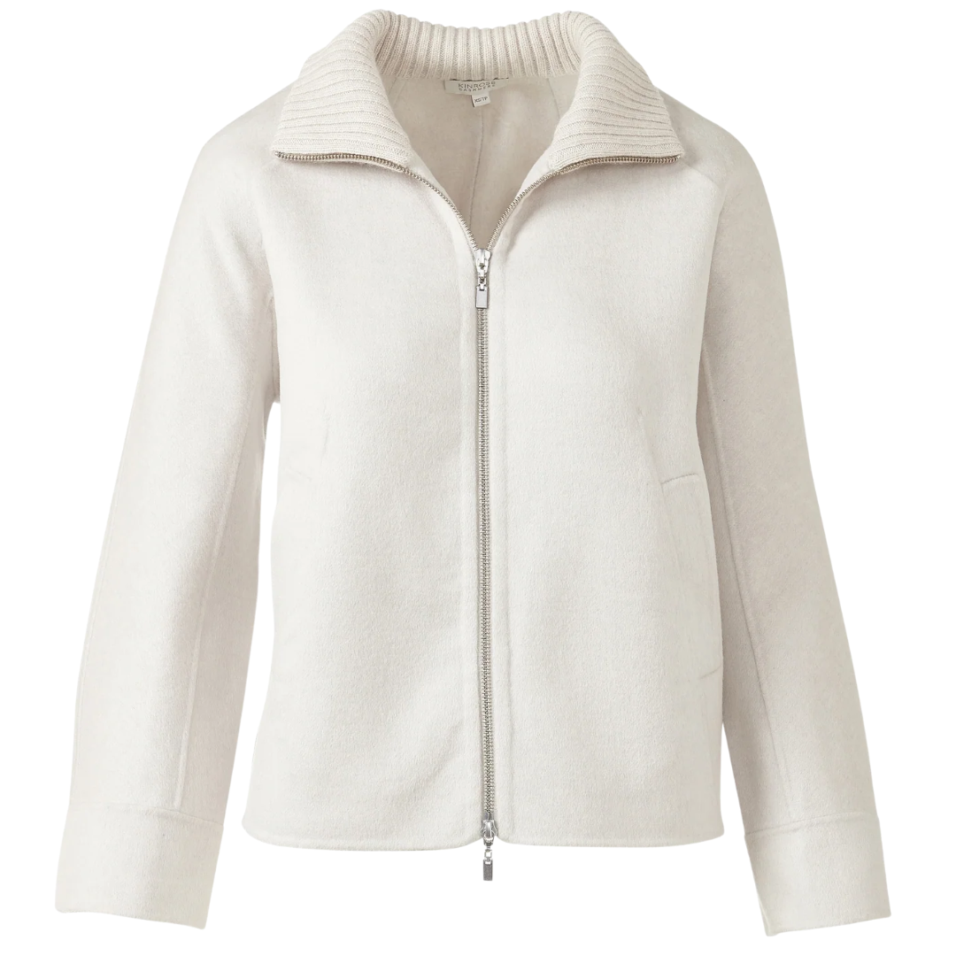 Short Knit Trim Zip Coat in Birch