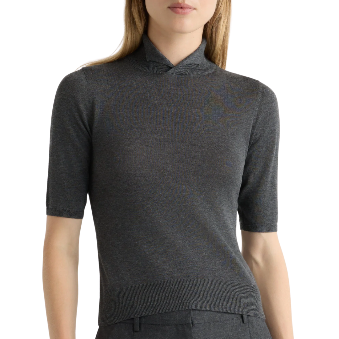 Gia Cotton-Silk Turtleneck Knit Top in Heather Charcoal