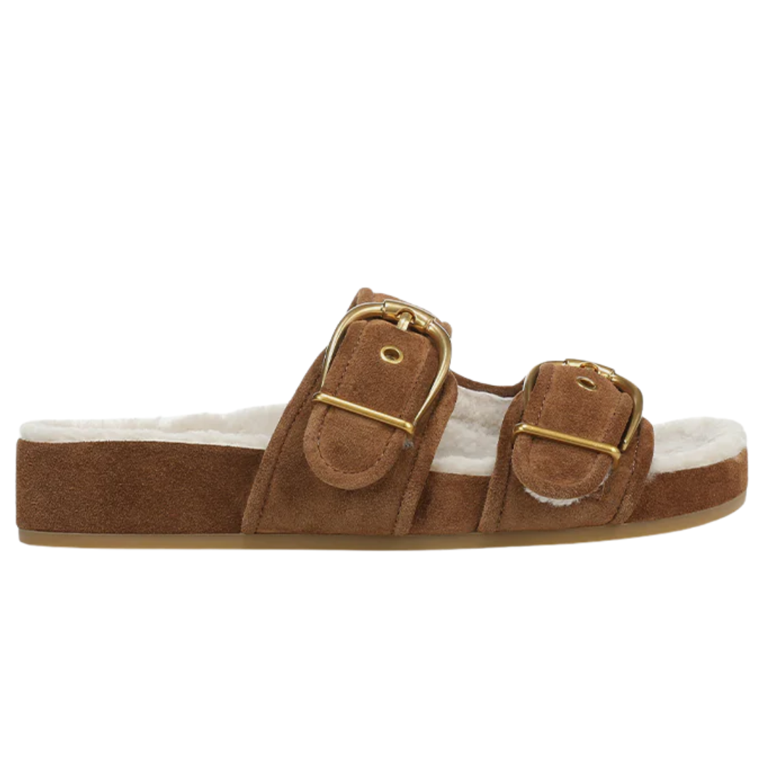 Prue Shearling Buckle Sandal in Hazelwood
