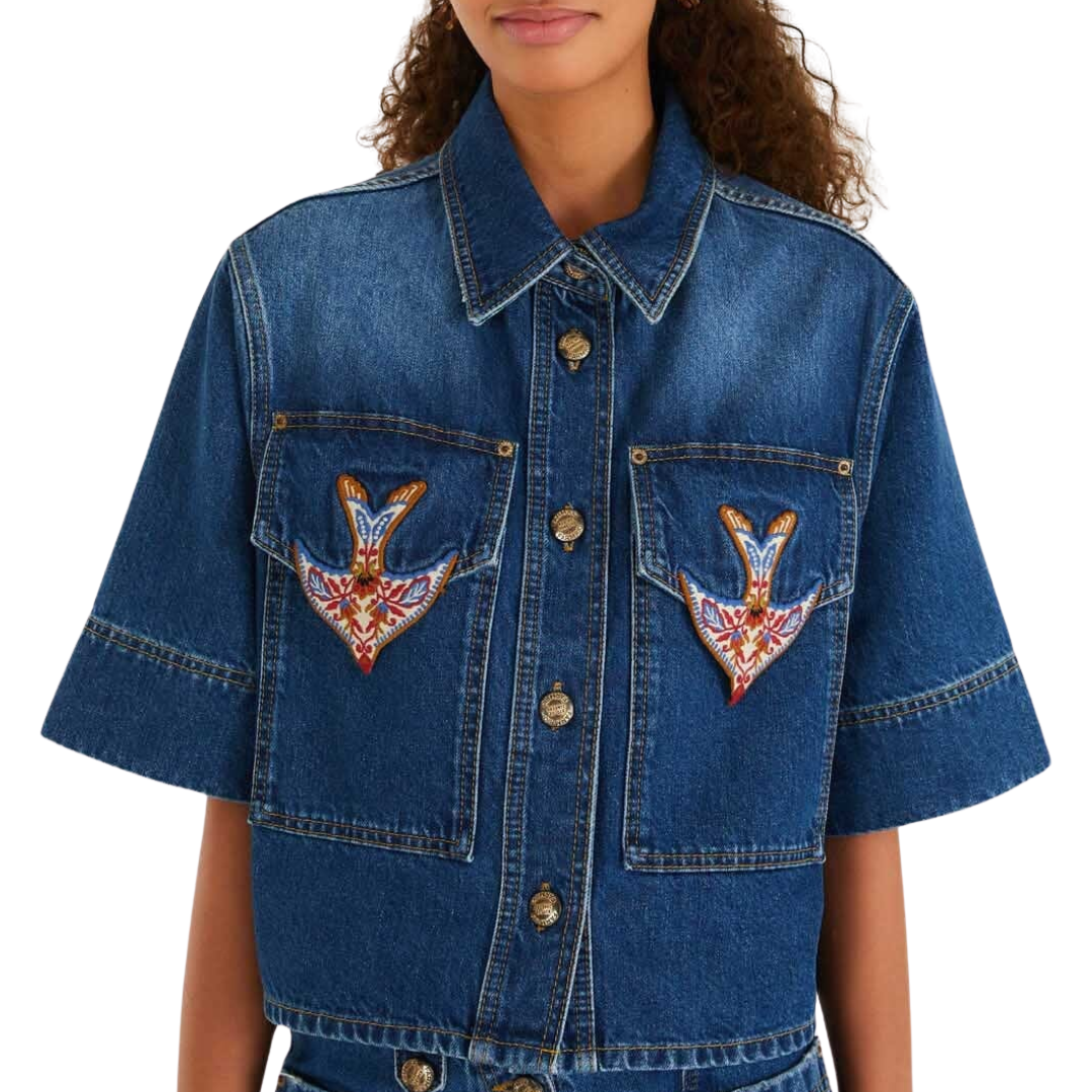 Porcelain Birds Embroidered Shirt in Denim