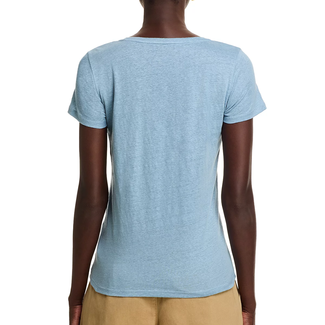 Stretch Linen Short Sleeve Semi Relaxed V-Neck in Ocean