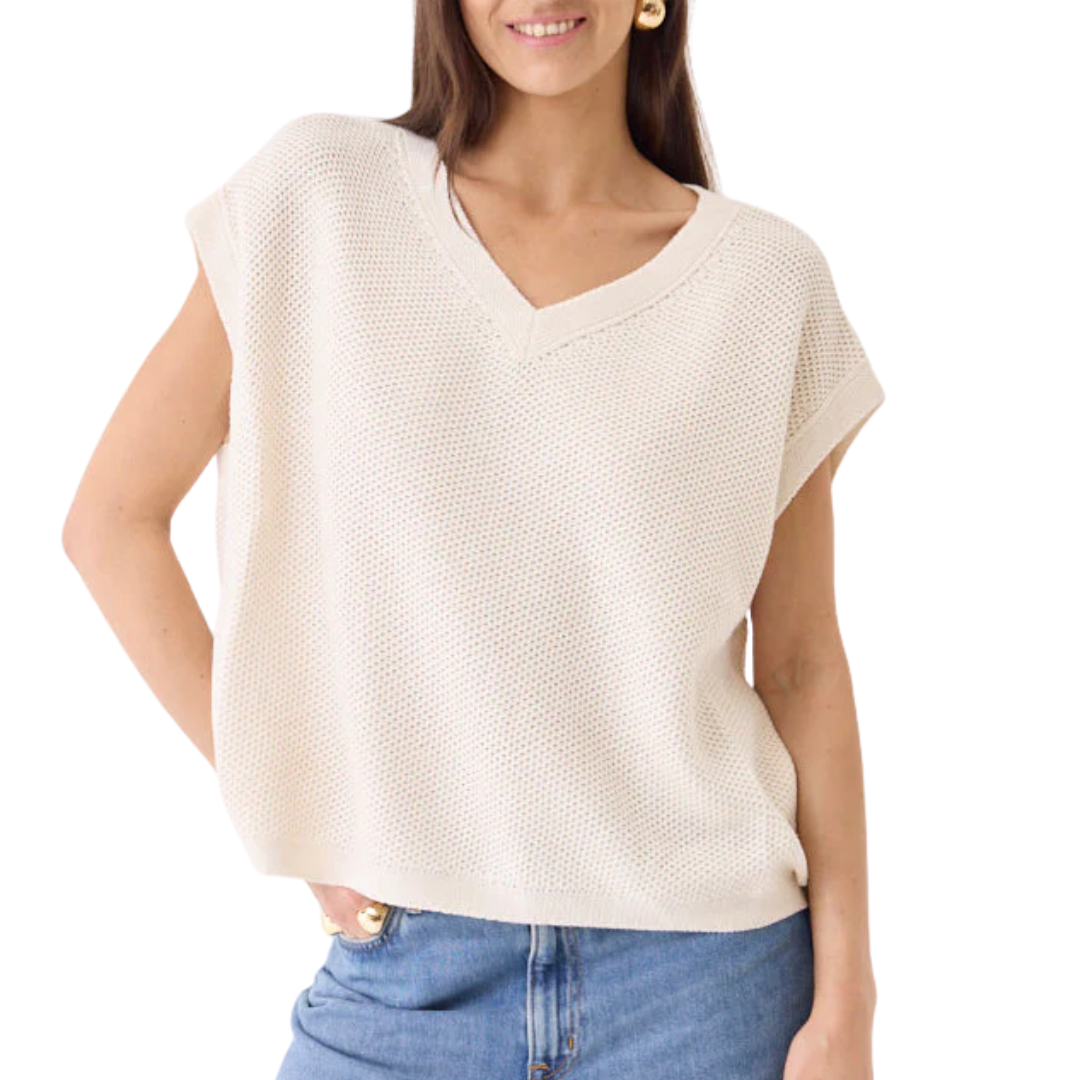 Organic Cotton Knit Cap Sleeve V-Neck Top in Milk
