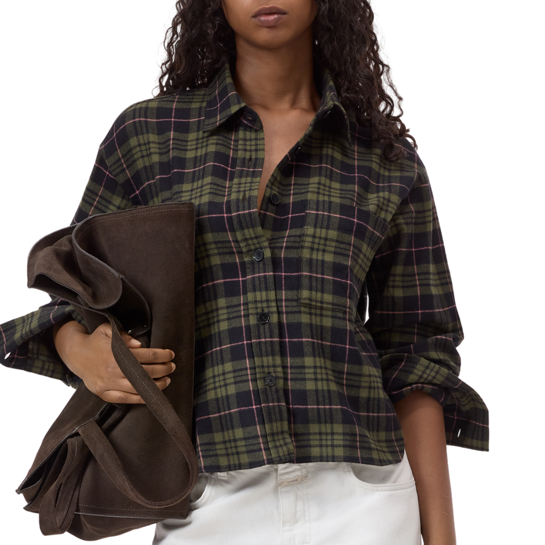 Cropped Flannel Shirt in Cypress Green