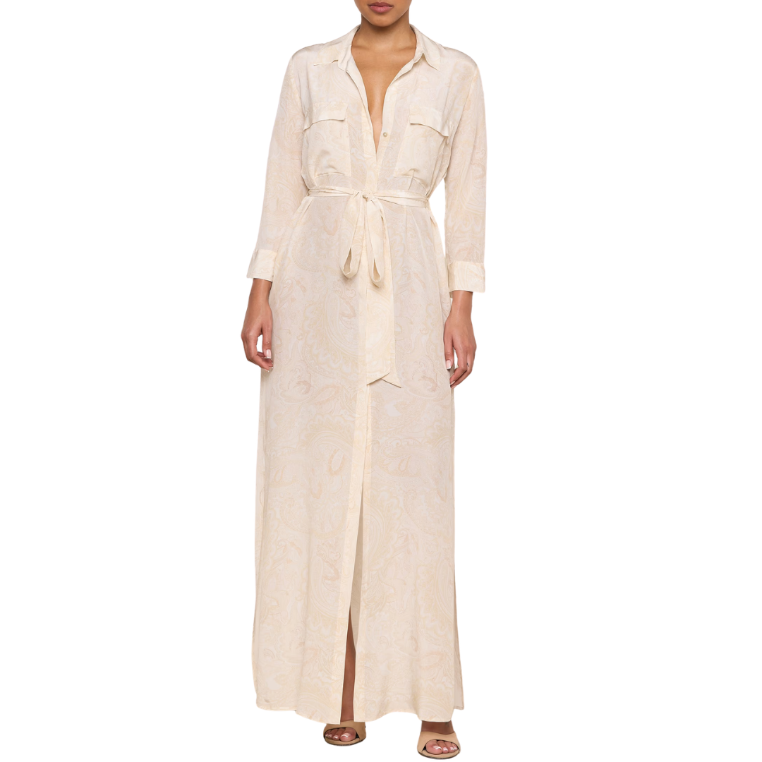 Cameron Silk Shirt Dress in Vintage White Tonal Paisley