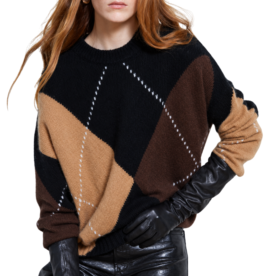 Oversized Argyle Sweater in Black Combo