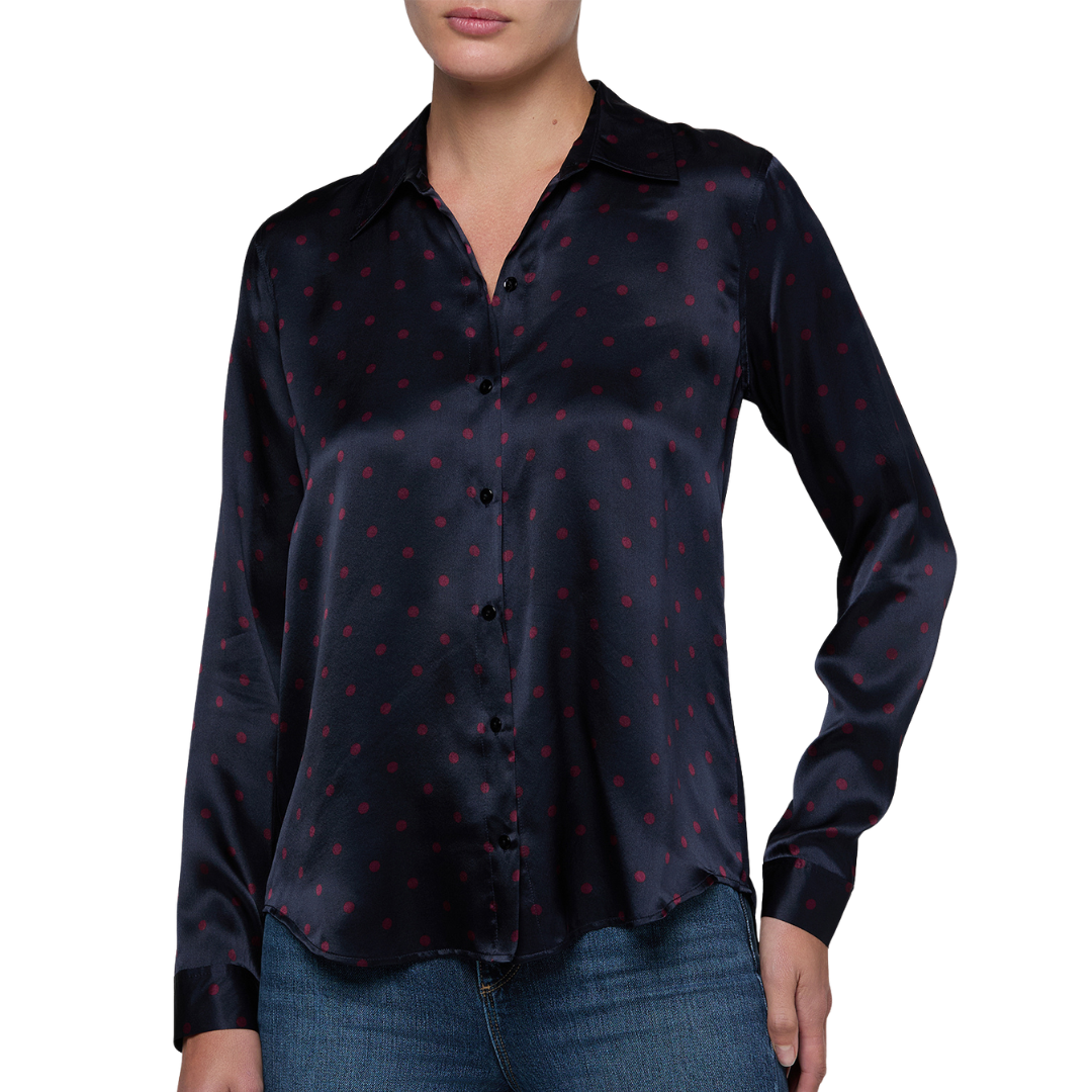 Tyler Silk Blouse in Midnight Deep Sangria Polka Dot
