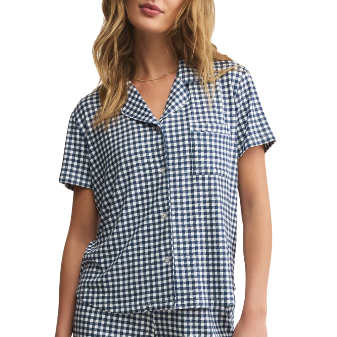 Amy Gingham Top in Yacht Blue