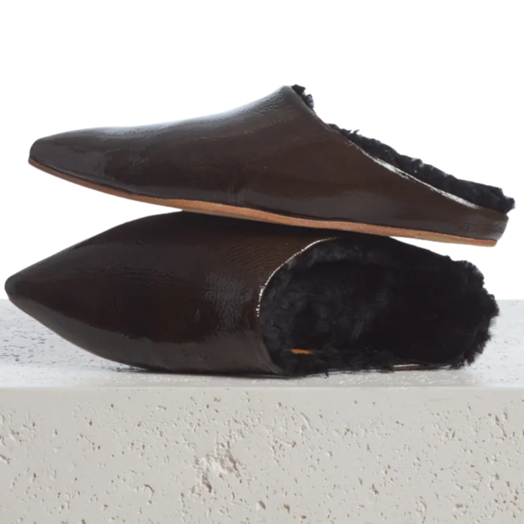 Dia Shearling Slide in Moule Crinkled Patent