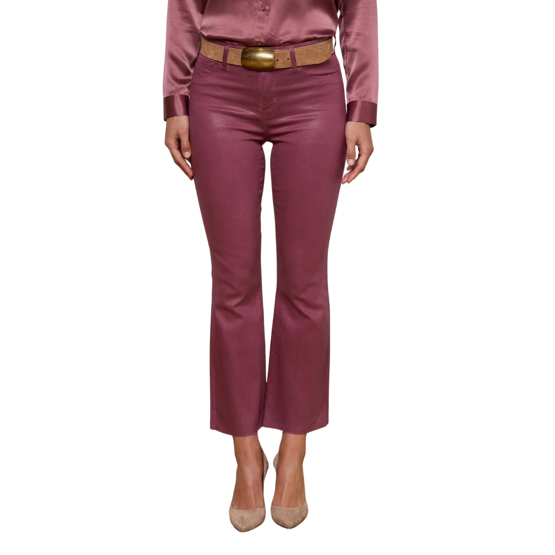 Kendra Coated Cropped Flare Jean in Deep Mauve Coated