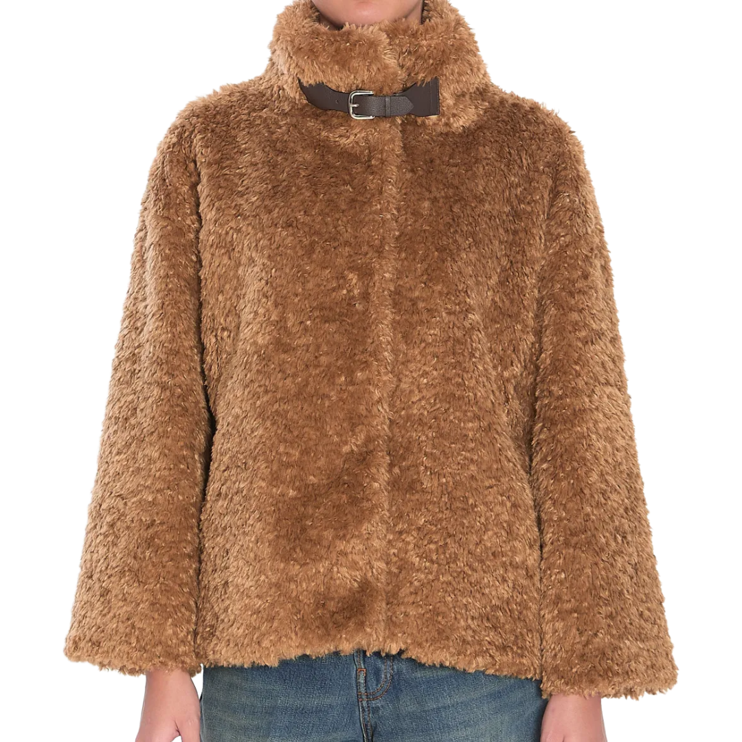 Buckle Detail Shearling Coat in Sand