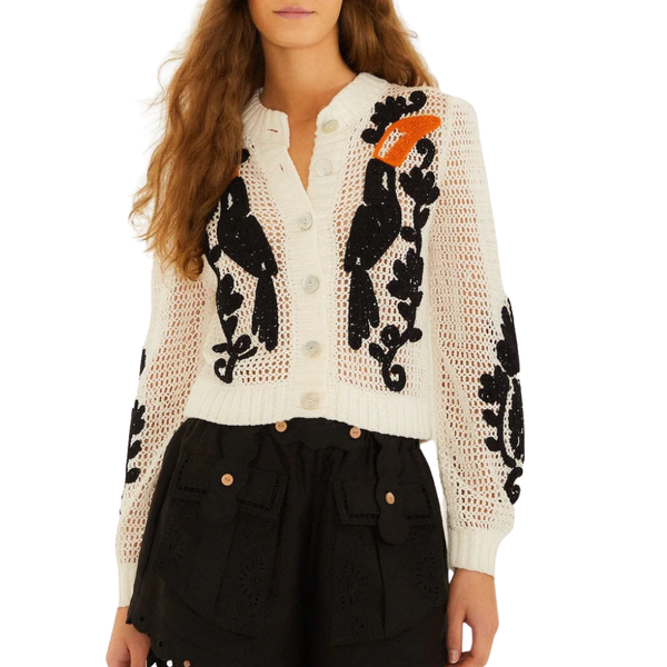 FARM Rio US Toucan Crochet Cardigan in Off White