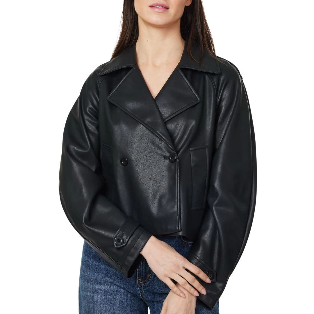 Vegan Leather Crop Trench in Black