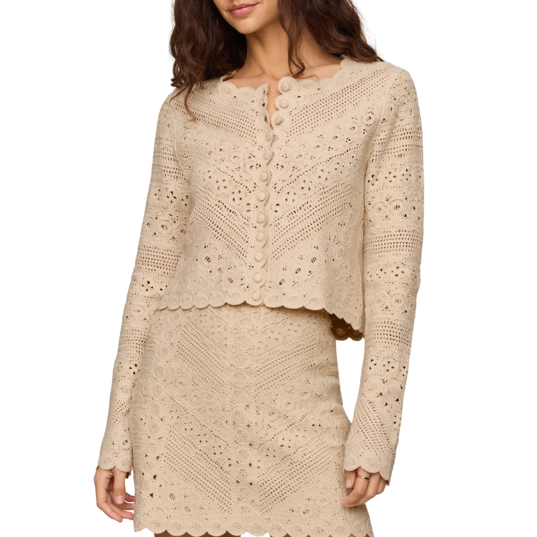 Cressa Cropped Crochet Cardigan in Natural