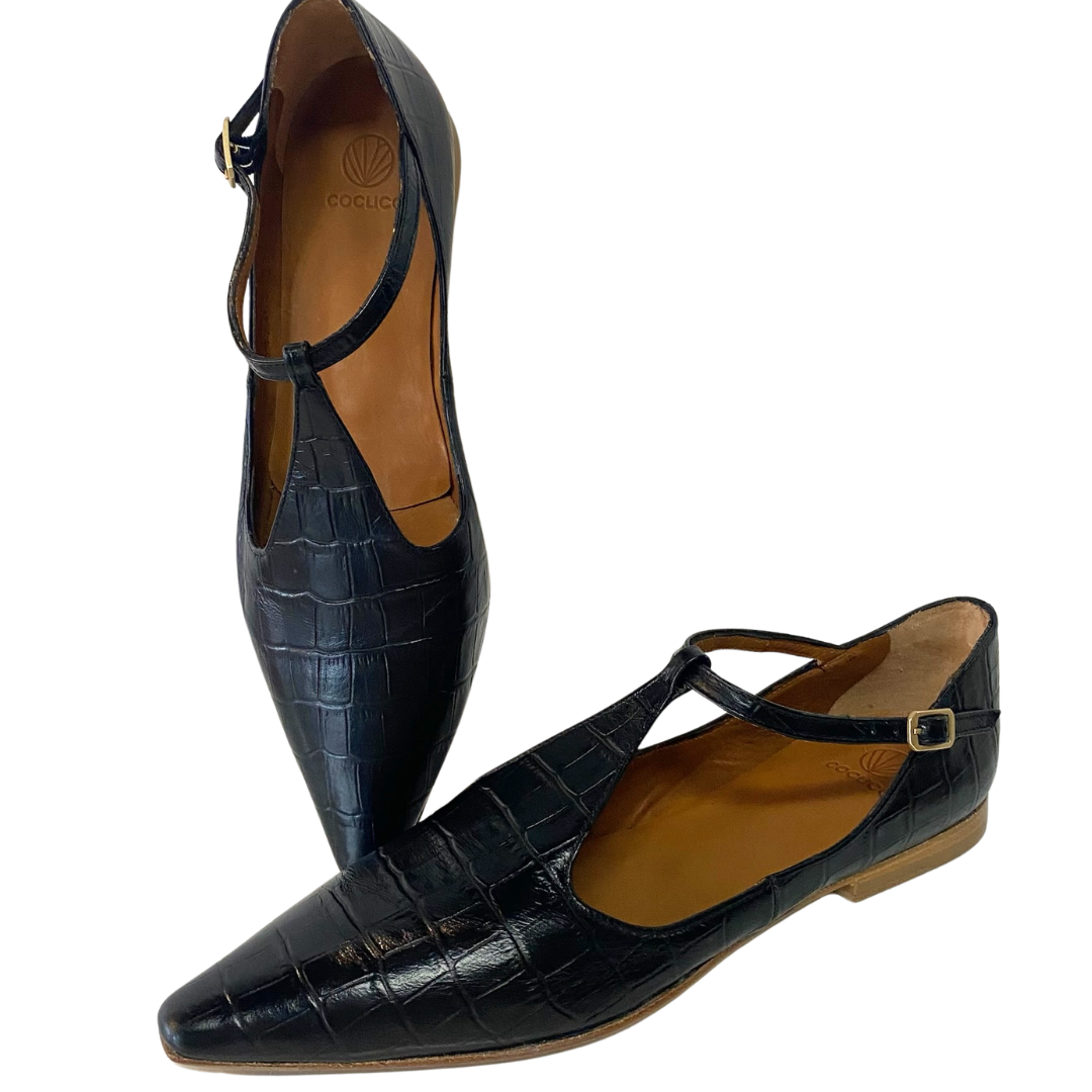 Celeste T-Strap Flat Croco in Black