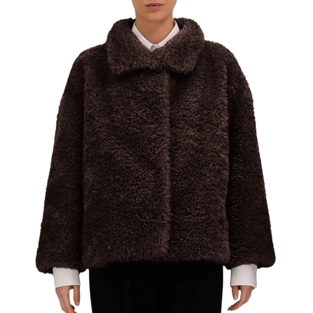 Curly-Effect Fur-Touch Short Jacket in Dark Brown