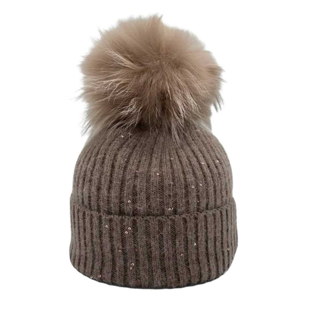 Sequin Detail Pom Hat in Taupe