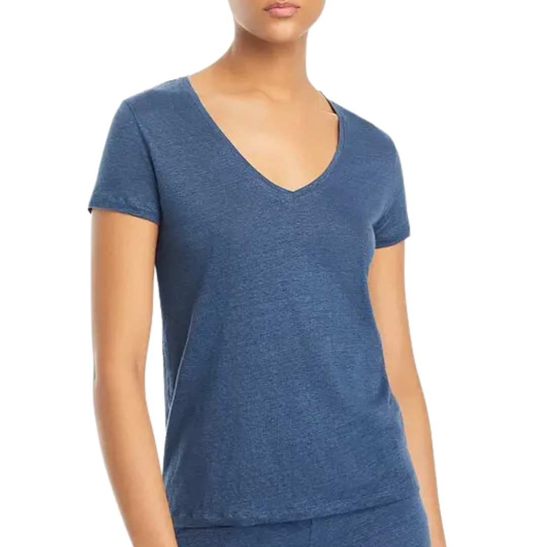 Stretch Linen Short Sleeve Semi Relaxed V-Neck in Bleu Taormina