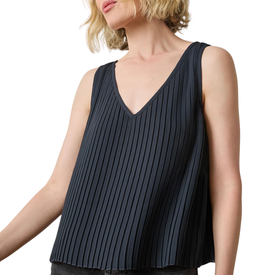 Pleated V-Neck Shell in Black