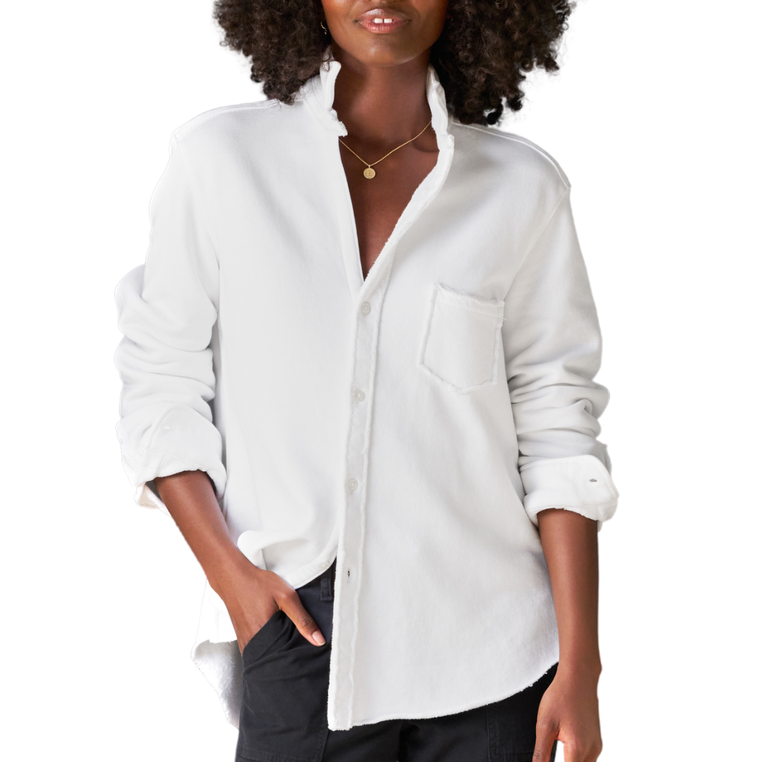 Eileen Relaxed Button-Up in White Triple Fleece