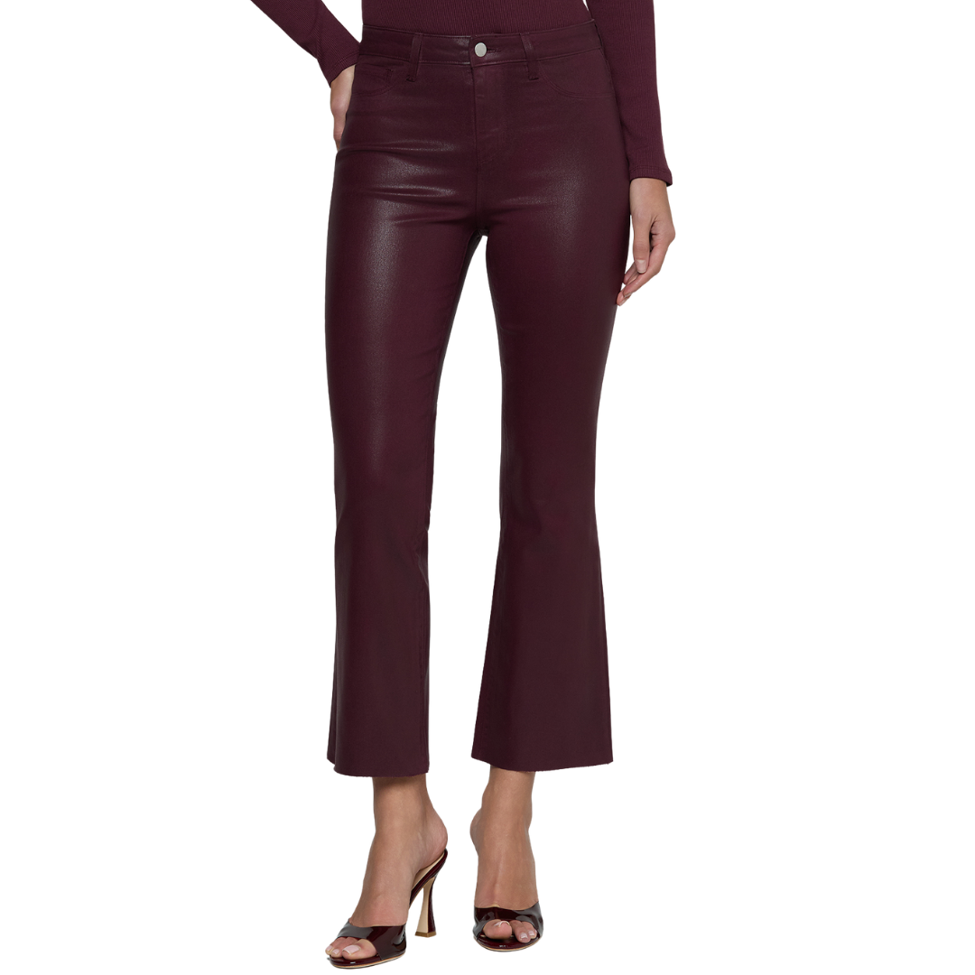 Kendra Coated Cropped Flare Jean in Deep Sangria Coated
