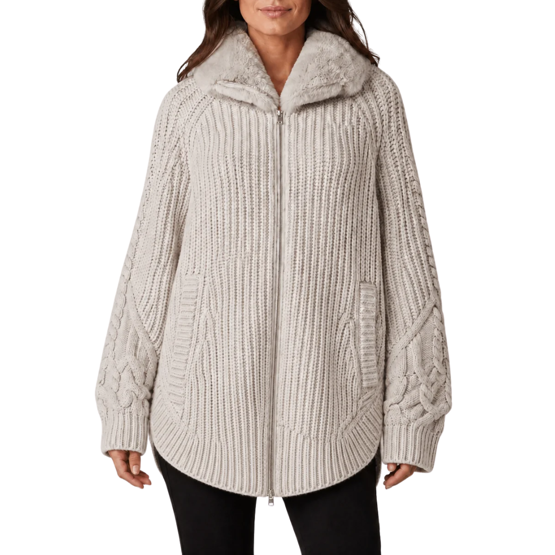 Wool Jacket with Raised Texture and Beaver-Effect Fur Feel in Beige