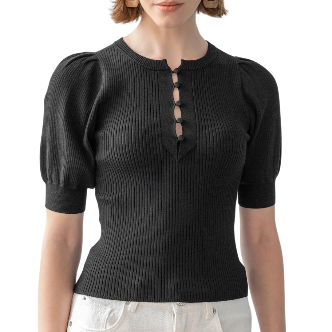Elbow Sleeve Henley Sweater in Black