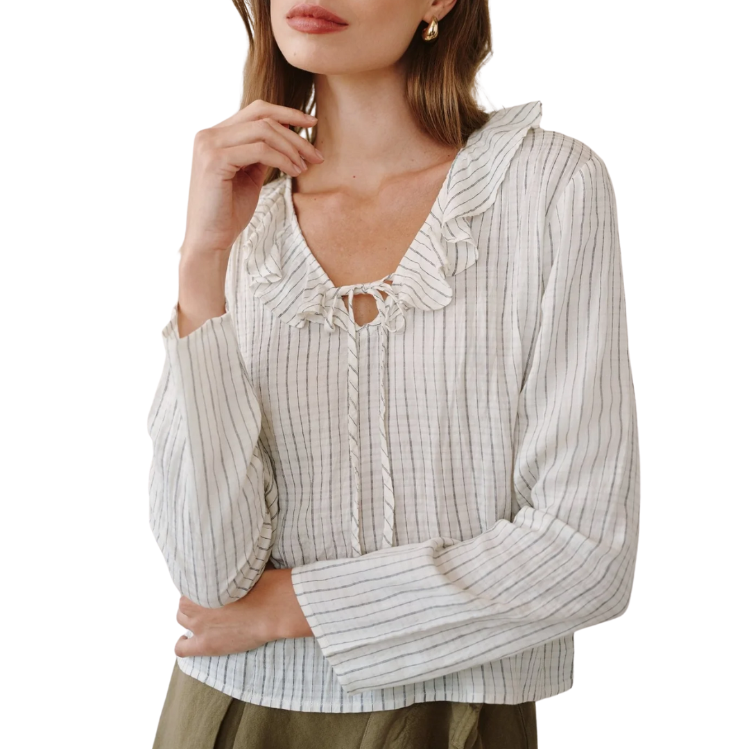 Tie Ruffle Neck Top in Ecru/Black Pinstripe