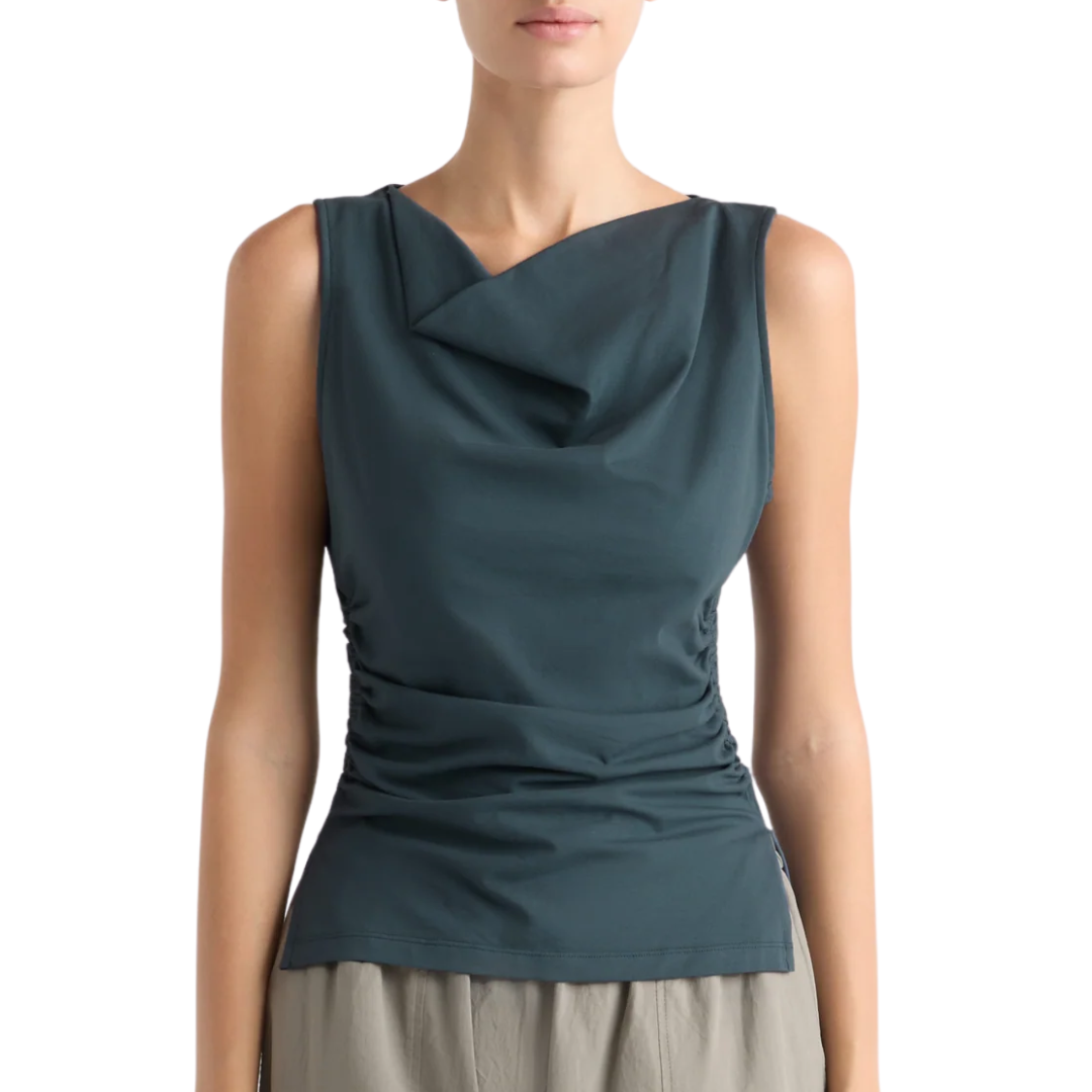Josie Shirred-Side Cowl-Neck Tee in Maritime