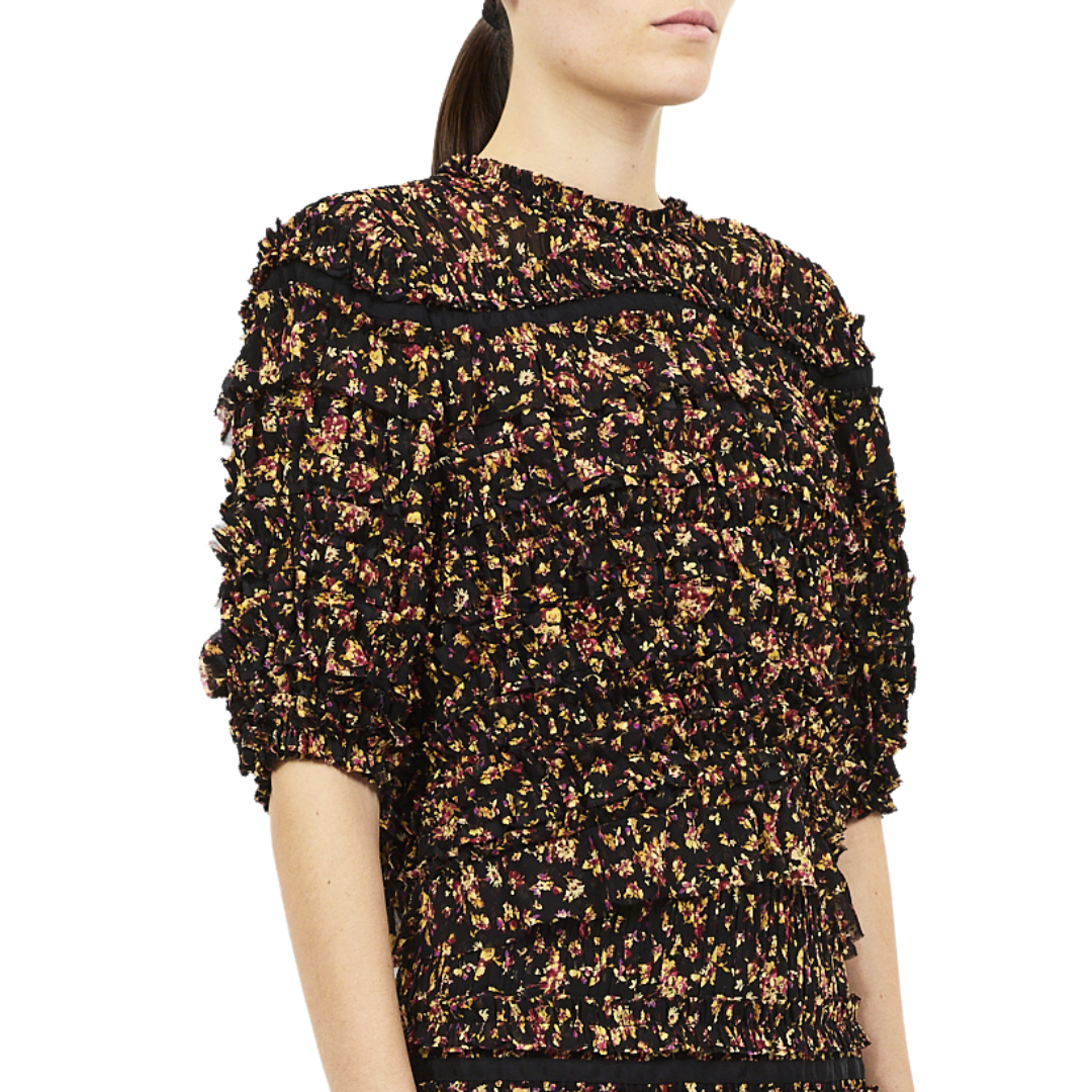 Mabel Short Sleeve Silk Top in Noir Mille-Fleur