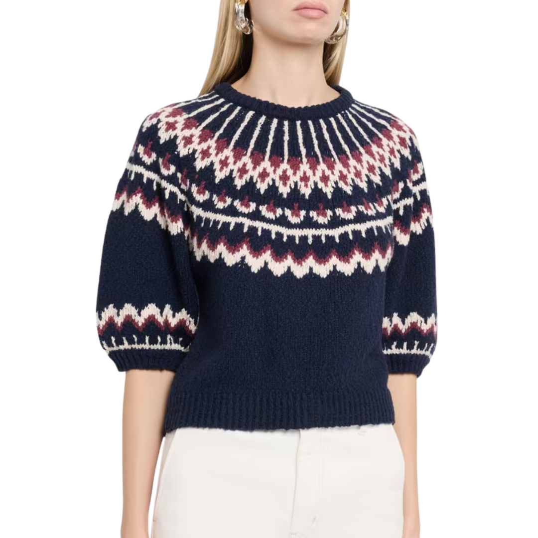 Puff Sleeve Fair Isle Crew in Navy/Wine Combo