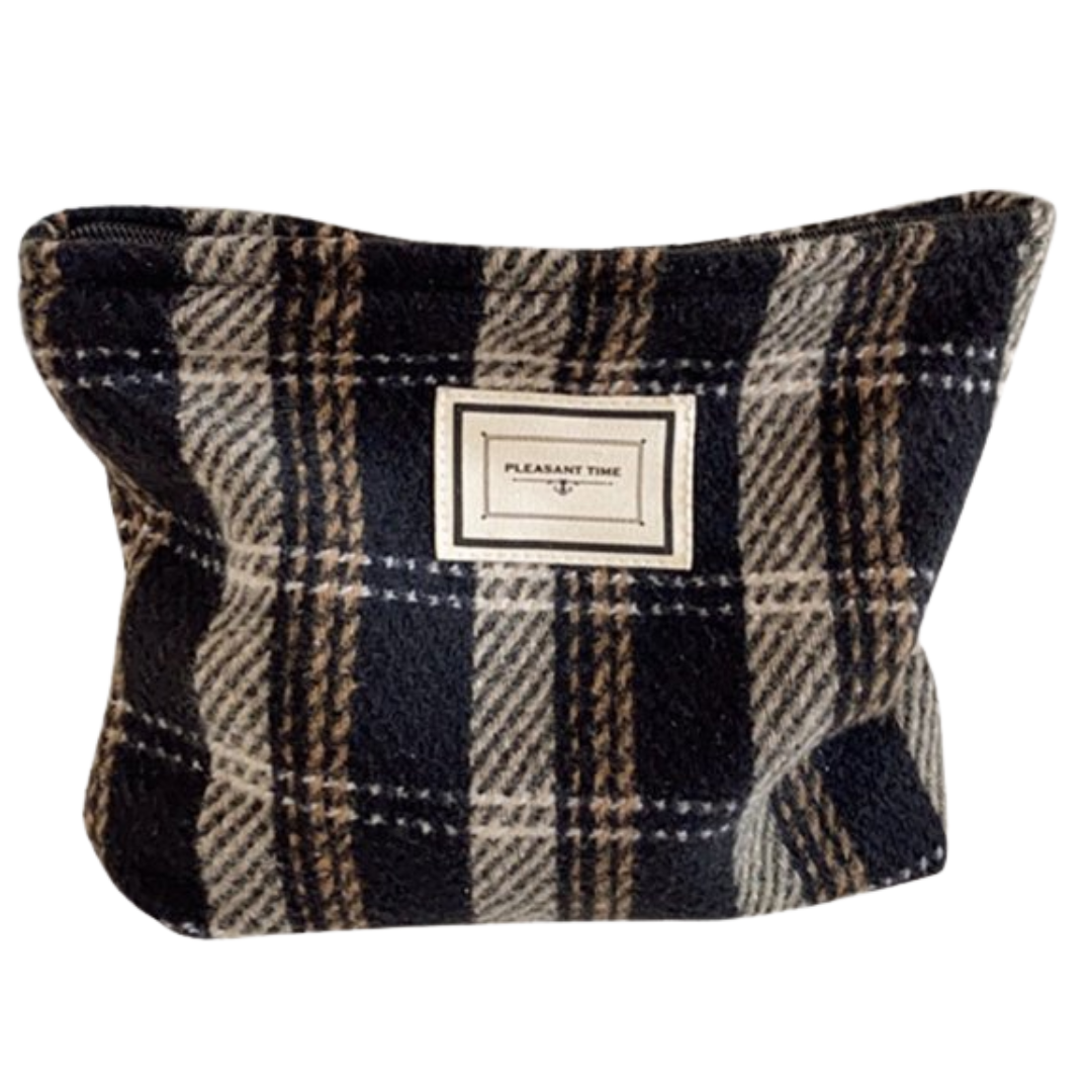 Plaid Color Block Large Make Up Bag in Black Plaid