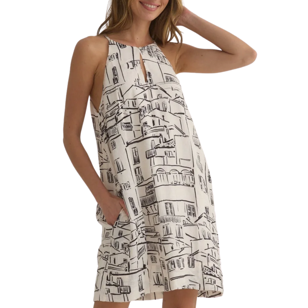 Halter Keyhole Mini Dress in Amalfi Sketch Print